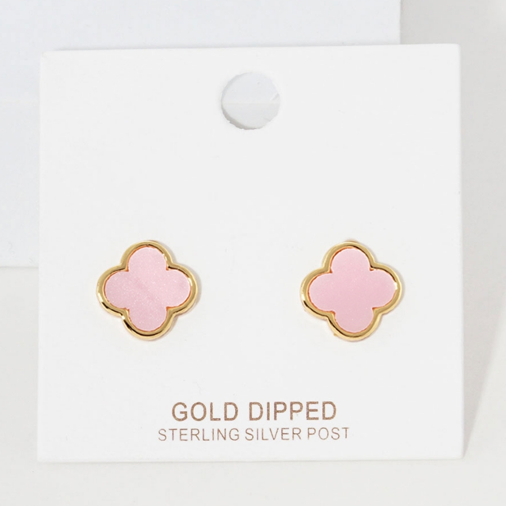 Pink Dipped Quatrefoil Stud Earrings 0.4" Casual Clover Jewelry
